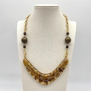 Vintage Statement Necklace Geometric Pendant‎ Gold Tone Chain Boomerang